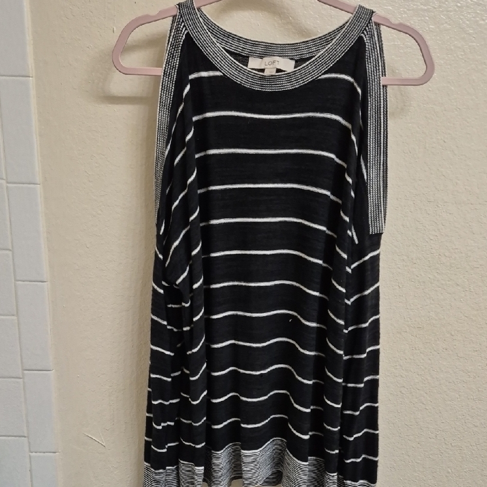 LOFT Black and White Striped Cold Shoulder Long Sleeve Top